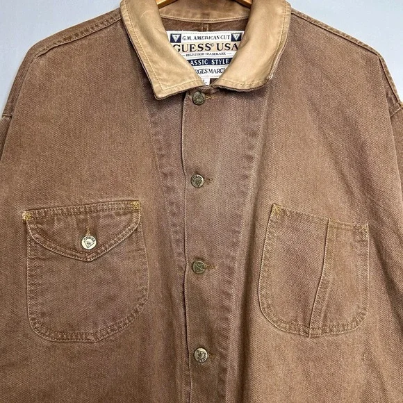 Vintage 90s Guess Workwear Jacket Mens L Brown Canvas Leather Collar Chore Coat - Picture 5 of 13